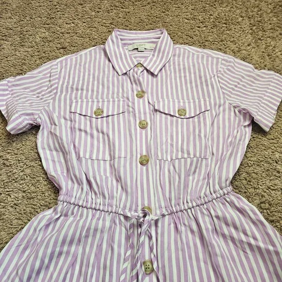 LOFT Shirt Dress Womens XXSP Petite Pink White Striped Button Front Short Sleeve - Picture 3 of 8